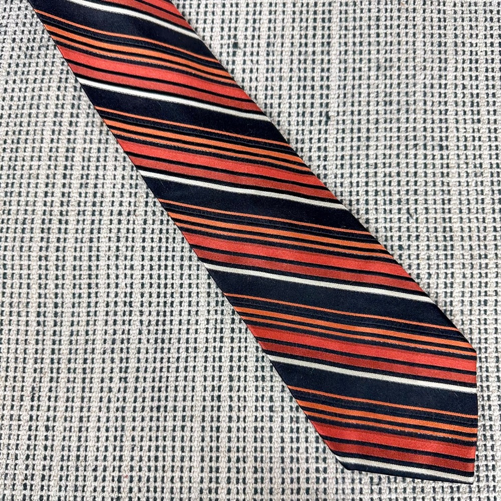 Vintage 70s 80s Claiborne Necktie Mens Black Orange Striped Silk Blend Metallic